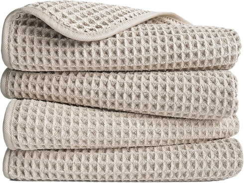 POLYTE Microfiber Lint Free Hand Towel, 16 x 30 in, 4 Pack (Beige, Waffle Weave)...