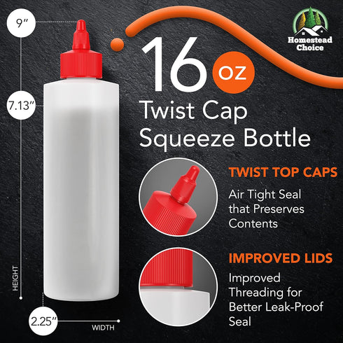 6-pack Plastic Squeeze Bottles for Sauces - 16oz Condiment Squeeze Bottles for Liquids - BPA Free Squirt Bottle with Twist Cap - Ketchup, Syrup, O...