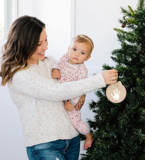 Pearhead Christmas Baby Handprint Wooden Ornament, Baby's First Christmas, Holiday Keepsake, Rustic Hanging Ornament with Burlap Bow, Includes Non...
