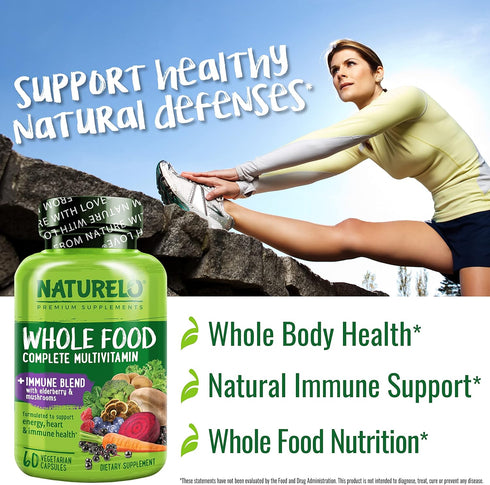 NATURELO Whole Food Multivitamin + Immune Blend with Elderberry & Mushrooms - Complete Multivitamin with Extra Immune Support - C, D3, Zinc, Elder...