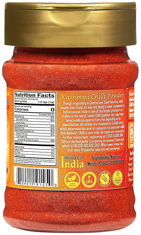 Rani Kashmiri Chilli Powder (Deggi Mirch, Low Heat) Ground Indian Spice 85g PET Jar ~ All Natural | Salt-Free | Vegan | Kosher | Gluten Friendly |...