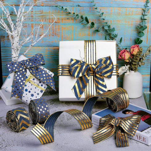 1.5 Inch Wedding Ribbon Wired Burlap Stripes Ribbon for Wreath Stripes Dots for Christmas Anniversary Bachelor Party Decor Craft, 3 Rolls (Blue an...