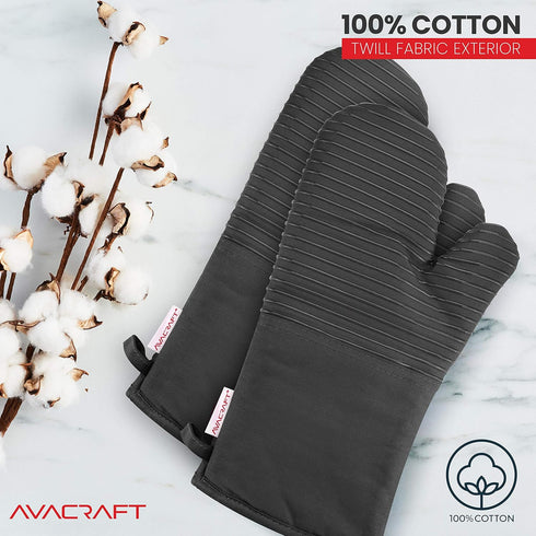 AVACRAFT Oven Mitts Pair, Flexible, 100% Cotton with Unique Heat Resistant Food Grade Silicone, Thick Terry Cloth Interior, 500 F Heat Resistant (...