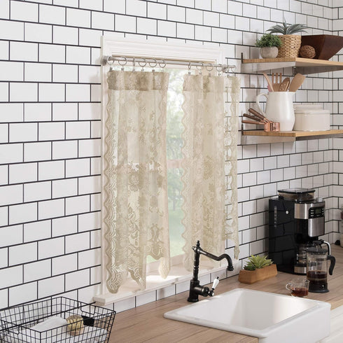 No. 918 Alison-Tr Floral Lace Sheer Rod Pocket Kitchen Curtain Tier Pair, 58" x 36", Stone...