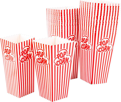 GSM Brands Popcorn Containers Boxes (100 Pack) - Striped White and Red Paper - for Home Movie Theater...