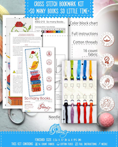 Povitrulya Counted cross Stitch Bookmark Kit 'So Many Books, So Little Time' - DIY Embroidery set for Adults with Paper pattern, 16-count Aida Can...