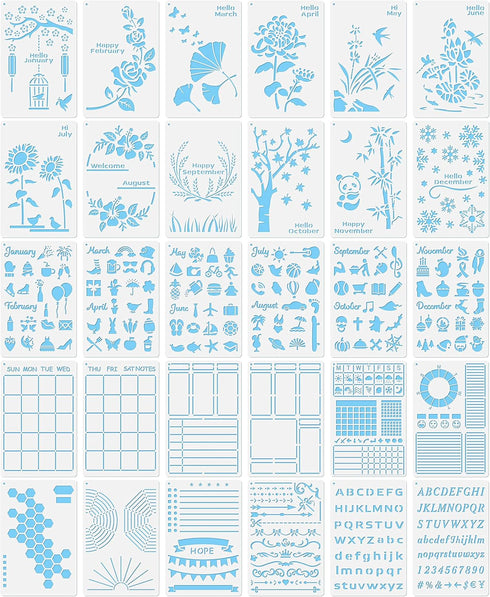 30 PCS Bullet Journals Stencils Supplies (5.1x7.9 Inch) Plastic Planner Stencil for Journaling Bujo Accessories Incl Ultimate Productivity and Mon...