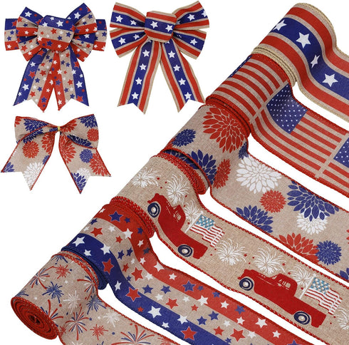 Patriotic Wired Edge Ribbon 36 Yards Red Blue White American Flag Ribbon 2.5 Inch 4th of July Stars Stripes Fabric Ribbon for Independence Day Mem...
