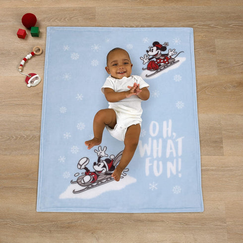 Disney Mickey and Minnie Mouse Blue, White and Red Winter Holiday Oh, What Fun! Snowflakes Photo Op Super Soft Baby Blanket...