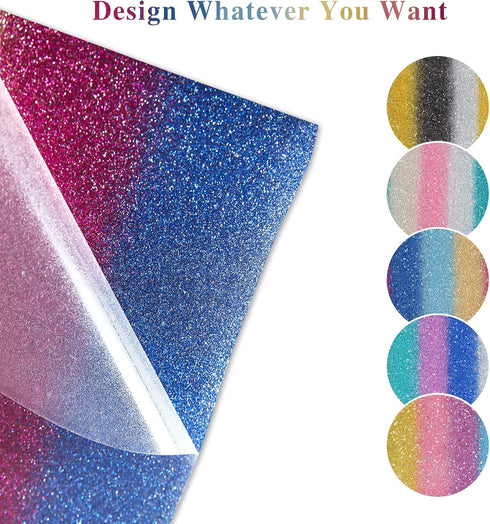 Tintnut Gradient Glitter Heat Transfer Vinyl-5 Sheet 12x10 inch Rainbow Ombre Glitter Iron on Vinyl Heat Transfer Vinyl DIY T-Shirts, Hats, Clothi...