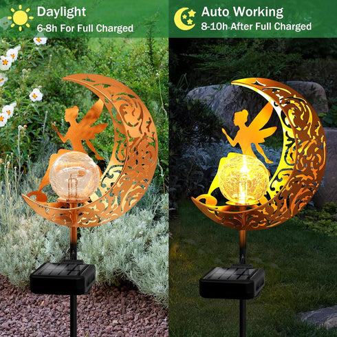 ZNYCYE Garden Solar Lights Outdoor Decorative, Moon & Fairy Solar Stake Crackle Glass Globe, Gardening Gifts for Women, Garden Stake Lights Waterp...