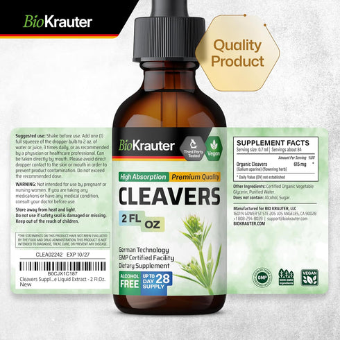 Cleavers Leaf Tincture - Organic Cleavers Herb Liquid Extract - Natural Body Detox - Alcohol and Sugar Free - Vegan Drops 2 Fl.Oz....
