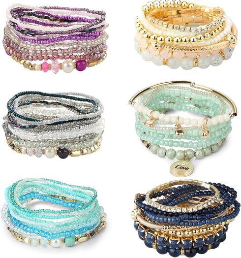 LOYALLOOK 6 Sets Bohemian Stackable Bead Bracelets for Women Stretch Bohemian Style Stretch Multilayered Boho Bracelet Set...