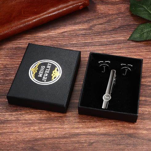 IRONBOX Initial Cufflinks and Tie Clip Set for Men Personalized Black Cuff Links and Tie Bar Letter Alphabet A-Z Gift with Box for Father Husband ...
