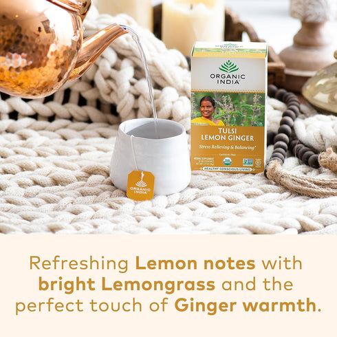 ORGANIC INDIA Tulsi Lemon Ginger Tea Bags - Herbal Tea, Stress Relieving & Reviving, Immune Support, Aids Digestion, Vegan, USDA Certified Organic...