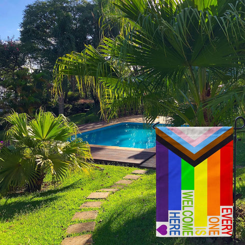Pride Progress Garden Flag, Everyone is Welcome Here Small Yard LGBTQ Rainbow Garden Flag for Pride Month Outside Outdoor Hanging Decorations 12x1...
