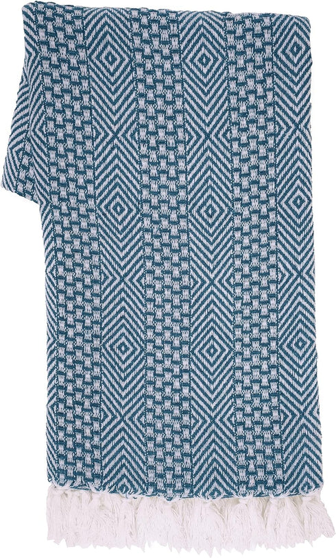 RAJRANG Rustic Throw Blanket with Decorative Tassel Cotton Throws Geometric Woven Soft Patio Comfy Blankets Teal Blue - 50 x 60 Inches...