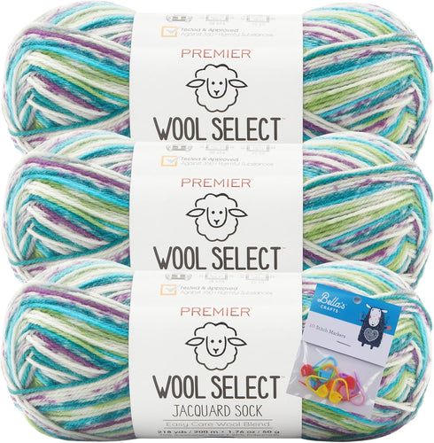 Premier Wool Select Jacquard Sock Yarn - Morning Glory - 3-Pack Bundle with Bellas Crafts Stitch Markers...
