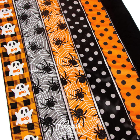 Ribbli Halloween Ribbon Wired,6 Rolls Orange and Black Halloween Ribbon 2.5 Inch Total 90 Feets(30 Yards), Ghost/Spider/Polka Dot/Black Velvet Rib...