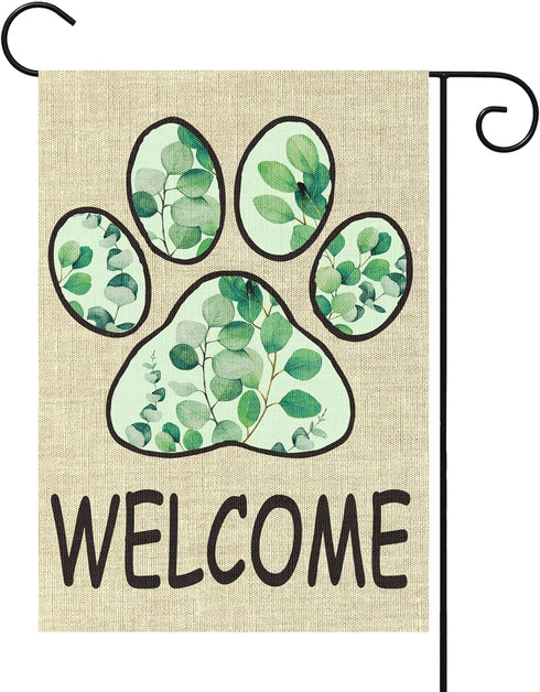 WATINC Paw Print Garden Flag - Spring Summer Eucalyptus Leaf Welcome Linen Garden Flag, 12 x 18 Inch Double Sided Seasonal Holiday Farmhouse Yard ...