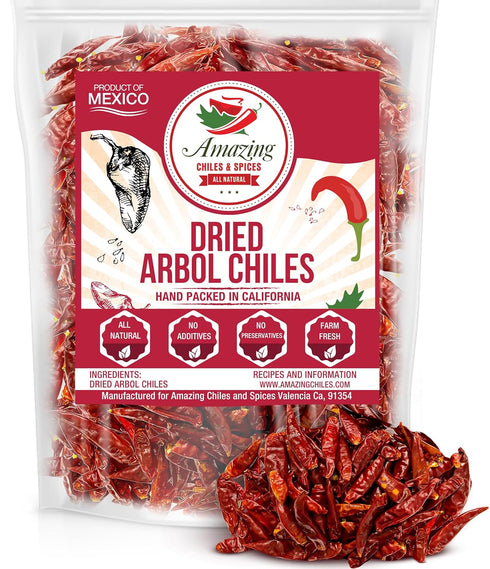 Chile De Arbol 4oz - Dried Whole Red Chili Peppers, Premium All Natural Stemless, Resealable Bag. Use in Mexican, Chinese and Thai Dishes. Spicy H...