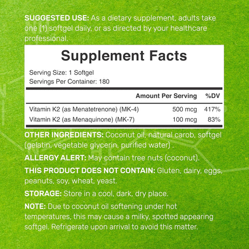 Vitamin K2 Supplement 600mcg, 180 Virgin Coconut Oil Softgels (6 Month Supply) – Full Spectrum MK-7 & MK-4 Forms, High Absorption, Triple Strength...