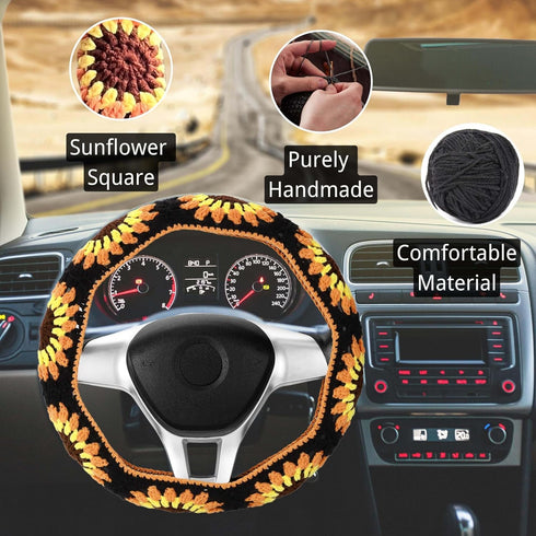 Crochet Steering Wheel Cover Set,Cute Car Steering Wheel Cover Boho 14-15in,Handmade Sunflower Granny Square Pattern Gift for Women, Accessories f...