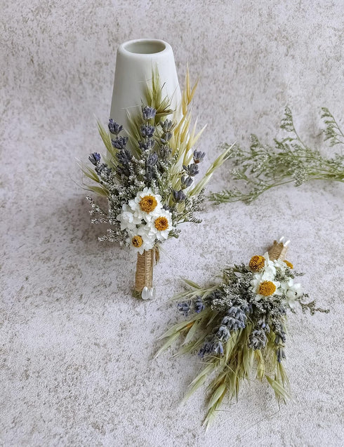 Dried Flowers Boutonniere for Men Wedding 2 Pieces Set Groom Boutonniere kit Boho Pampas Fall Anniversary Decorations (Lavender)...