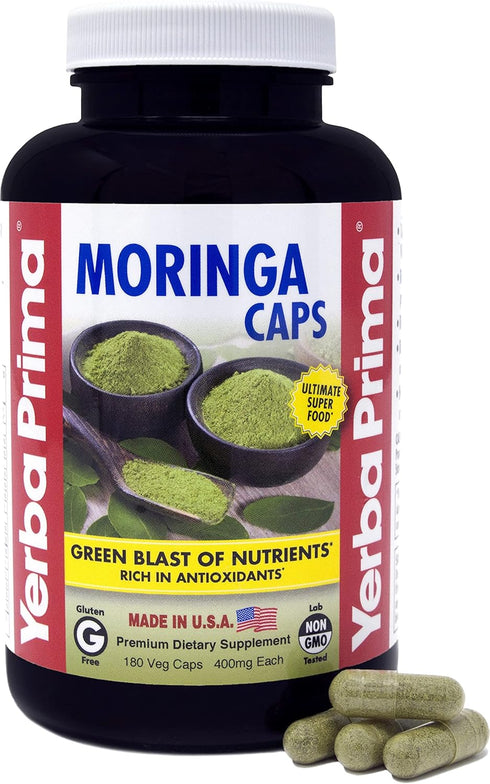 Yerba Prima Moringa, 180 Count Veg Caps - 400mg of Pure, Dried Leaf Powder, Green Blast of Nutrients, Rich in Antioxidants, 100% Pure, Super Food,...