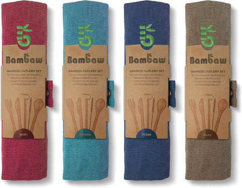 Bamboo Cutlery Set | Bamboo Silverware Set | Knife, Fork, Spoon, Straw| | Bamboo Flatware Set | Bamboo Utensils in Pouch | Wooden Eating Utensils ...
