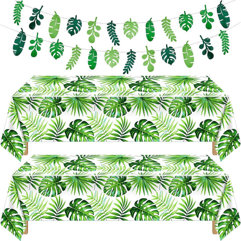 Tatuo 2 Pieces Palm Leaf Table Covers Hawaii Green Leaves Tablecloths Tropical Leaf Table Cloths and 2 Pieces Palm Leaves Banners Decorations for ...
