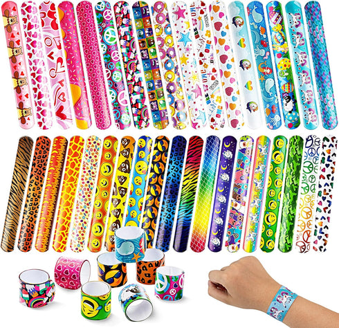 JOYIN 60 Pcs Slap Bracelets for Kids Bulk Wristbands with Animals, Friendship, Heart Print 36 Designs, for kids Easter Party Favors, Classroom Pri...