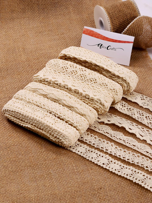 0.78 inches by 30 yards Beige Cotton Ribbon Lace Trim for Sewing and Gift Wrapping 6 Rolls by Alice Crafts | 6 Rolls x 5 yards each, Set of 6 Asso...