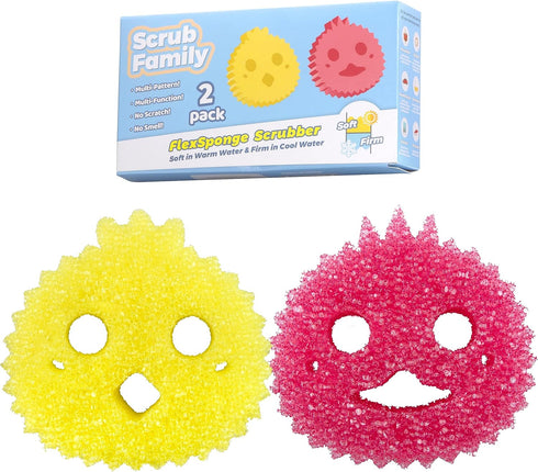 Functional Sponge Scrubber Set - Daddy Mommy Daily Scrub Sponge, Smiley Happy Face, Firm in Cold and Soft in Warm, Scratch Free, No Odor, 2 Animal...