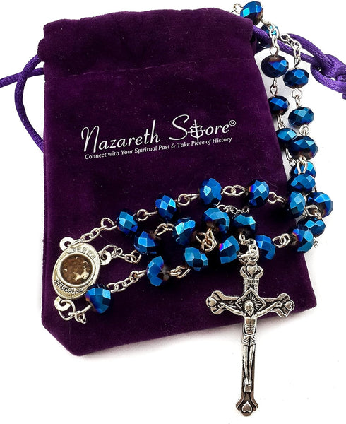 Nazareth Store Deep Blue Crystal Beads Rosary Catholic Necklace Holy Soil Medal Cross Crucifix Velvet Bag...