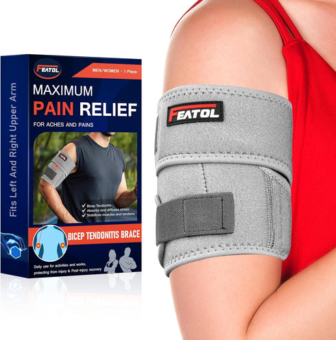 FEATOL Bicep Tendonitis Brace Compression Sleeve Support, Upper Arm Brace Bicep Support Bands for Pain Relief, Muscle Strains and Inflammation, Tr...