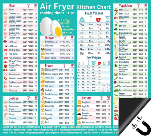 Air Fryer Accessories Cooking Times Cheat Sheet Kitchen Conversion Chart Fridge Magnet Guide Big Text 9”x10” Kitchen Gift Recipe Cookbook 90 Foods...