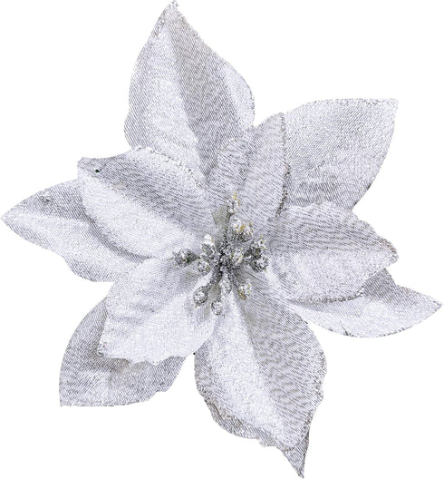 Winlyn 24 Set Christmas Silver Glitter Poinsettia Flower Picks Christmas Tree Ornaments for White Silver Christmas Tree Wreaths Garland Holiday Se...