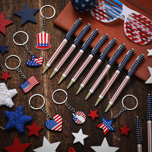 48 Pcs Independence Day Metal Ballpoint Pens American Flag Keychain Set Gold Retractable School Pens USA Flag Key Chains Office Patriotic 4th of J...