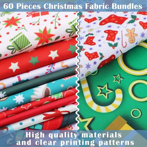 60 Pieces Christmas 10 x 10 Inch Fabric Bundles Sewing Quilting Fabric Happy Christmas Santa Claus Elk Snowflake Christmas Tree Printing Fabric Sq...