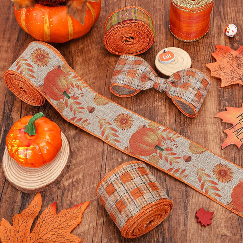 Whaline 8 Rolls 40 Yards Fall Thanksgiving Ribbons 2 Inch 1 Inch Orange Plaids Autumn Harvest Wired Edge Ribbon Rustic Pumpkin Craft Ribbon for Wr...