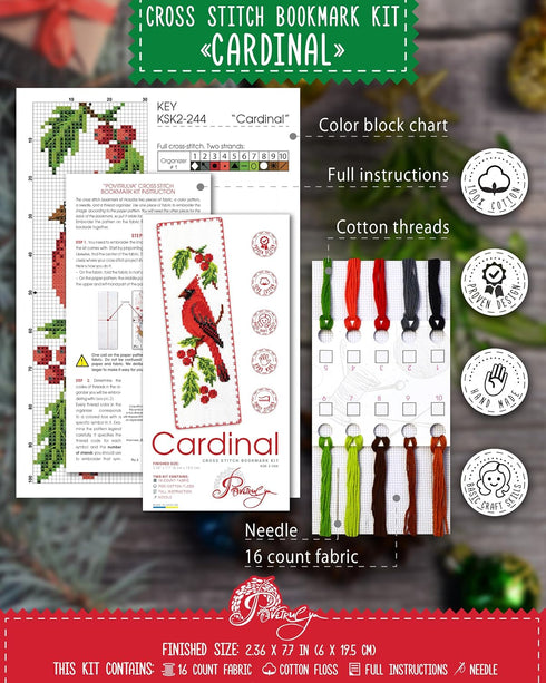 Povitrulya Cardinal - Counted Cross Stitch Bookmark Kit - DIY Embroidery set - Hand Made Christmas Gift for Adults and Kids with a Redbird sitting...