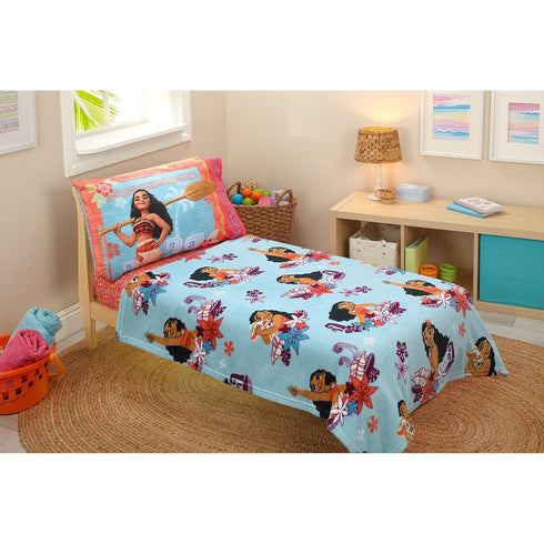 Disney Moana Feel The Waves Aqua, Coral & Violet with Pua Pig & Tropical Flowers Super Soft Toddler Blanket, Aqua, Orange, Purple, White , 40x50 I...