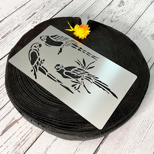 Aleks Melnyk No.472 Metal Stencil, Bird on Tree Branch, Parrots, Wild Animal, Small Stencil, 1 PC, Template for Wood Burning, Engraving, Crafting,...