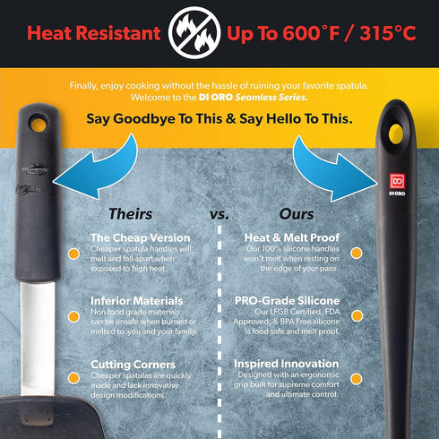 DI ORO Cooking Spoon - Solid Silicone 600F High Heat Nonstick Cookware Safe - Kitchen Spoon for Cooking & Baking - Large Serving & Mixing Utensil ...