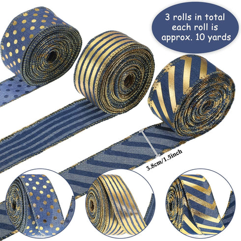 1.5 Inch Wedding Ribbon Wired Burlap Stripes Ribbon for Wreath Stripes Dots for Christmas Anniversary Bachelor Party Decor Craft, 3 Rolls (Blue an...