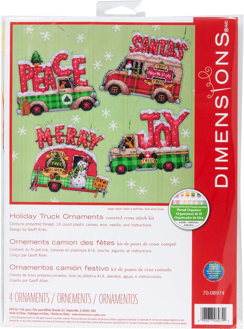 Dimensions Holiday Truck Christmas Ornaments Counted Cross Stitch Kit for Beginners, 14 Count Plastic Canvas, 4pc...