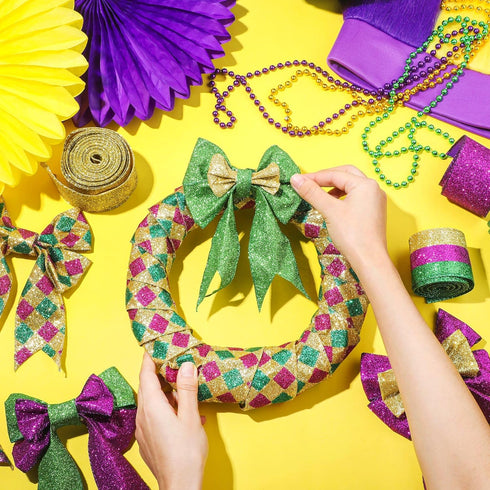 6 Rolls 30 Yards Mardi Gras Wired Edge Ribbon Purple Gold and Green Stripe Ribbon Glitter Metallic Wrapping Ribbon for Mardi Gras Masquerade Party...