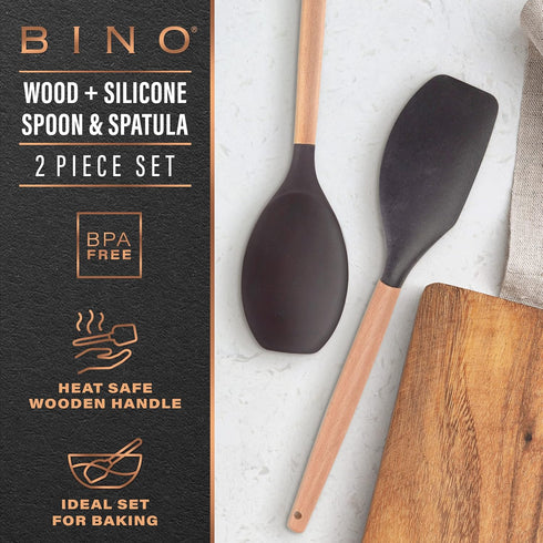 BINO 2-Piece Wooden Handle Silicone Mixing Spoons & Spatulas Set - Black | Heat Resistant Kitchen Utensils for Nonstick Cookware | BPA Free | Cook...