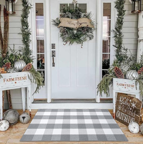 KOZYFLY Buffalo Plaid Rug 27.5x43 Inches Grey and White Outdoor Rugs Hand Woven Cotton Washable Indoor Buffalo Check Rug Layered Doormats for Fron...